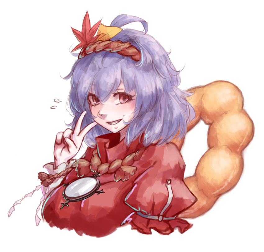 1girl commentary_request doughnut flying_sweatdrops food hair_ornament highres hoshibuchi jewelry looking_at_viewer mirror necklace portrait pose puffy_short_sleeves puffy_sleeves purple_hair red_eyes short_over_long_sleeves short_sleeves smile solo touhou v yasaka_kanako