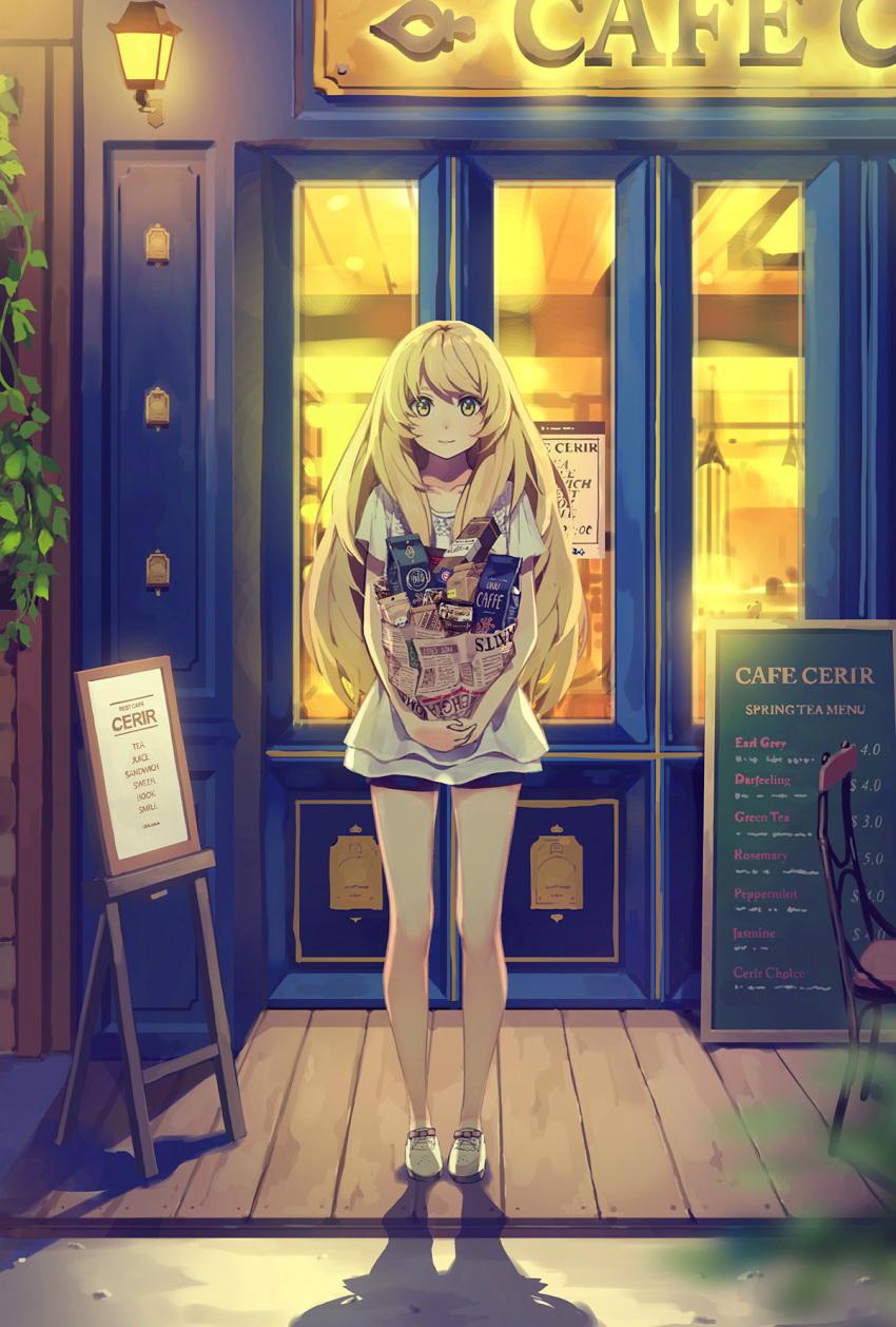 1girl bare_legs blonde_hair blouse carrying coffee collarbone commentary_request door full_body highres long_hair looking_at_viewer night original shop short_shorts shorts silhouette smile solo standing storefront window yellow_eyes yohan12
