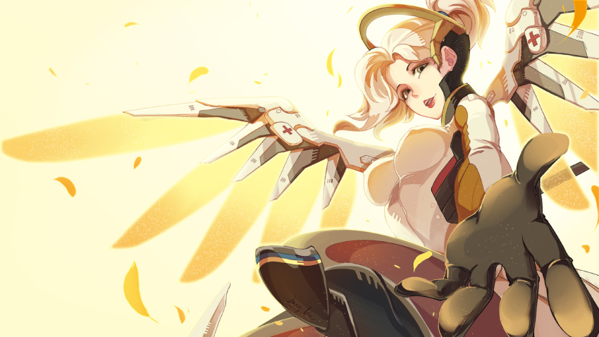 1girl armor armored_boots black_gloves blonde_hair blue_eyes bodysuit boots breasts covered_nipples fingers gloves hands high_ponytail highres knee_boots large_breasts lipstick long_hair looking_at_viewer makeup mechanical_halo mechanical_wings mercy_(overwatch) one_leg_raised overwatch pantyhose petals ponytail reaching reaching_out red_lips red_lipstick short_hair signature skin_tight solo staff swiss_flag upper_body wings