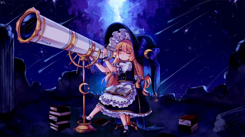 1girl ankle_socks apron blonde_hair book book_on_lap book_stack braid character_name crescent crescent_hair_ornament grass hair_ornament hair_ribbon hat hat_ribbon highres kirisame_marisa long_hair looking_afar mary_janes meteor_shower nebula night one_eye_closed open_book outdoors puffy_short_sleeves puffy_sleeves ribbon ruins shoes short_sleeves single_braid sitting skirt skirt_set sky solo star_(sky) starry_sky telescope tis_(shan0x0shan) touhou tress_ribbon waist_apron witch_hat wrist_cuffs yellow_eyes