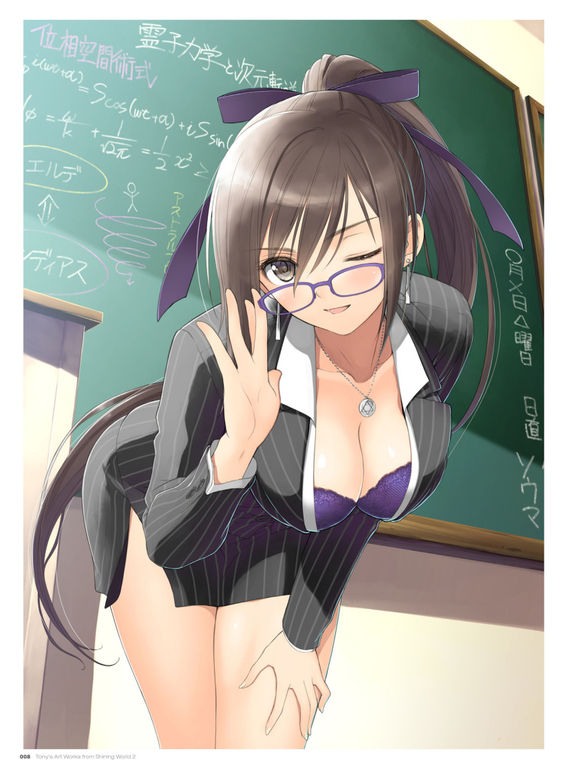 1girl ;d adjusting_glasses bare_legs black_skirt border bow bra breasts brown_eyes brown_hair chalkboard collarbone day downblouse earrings female formal glasses hair_between_eyes hair_bow hand_on_leg hanging_breasts hexagram highres indoors jewelry large_breasts leaning_forward lingblack_jacket long_hair long_sleeves math necklace one_eye_closed open_mouth pinstripe_suit ponytail purple-framed_glasses purple_bow purple_bra side_slit skirt smile solo star_of_david striped suit sunlight table tanaka_takayuki teacher text thighs underwear vertical-striped_skirt vertical_stripes white_border