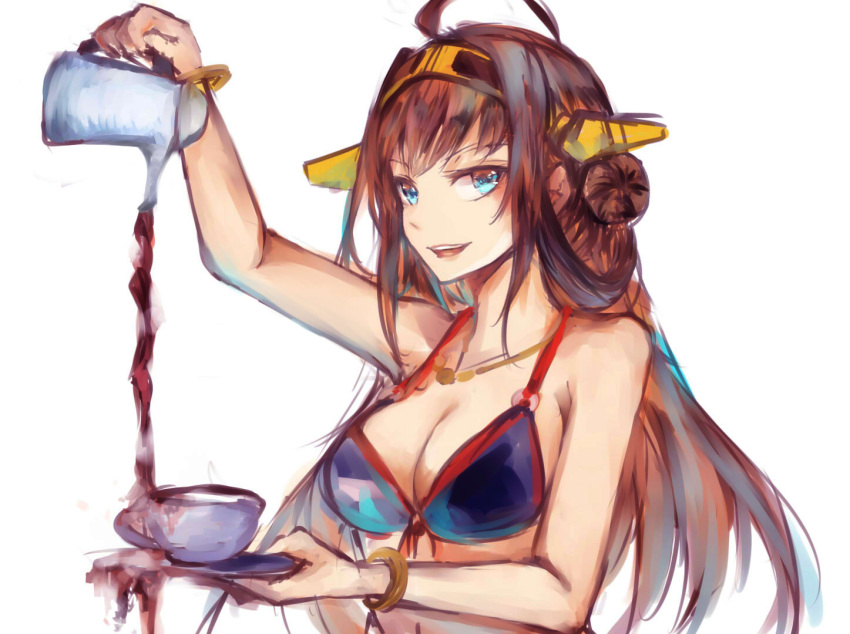1girl bikini_top blue_eyes breasts brown_hair cleavage coffee_cup collarbone hair_ornament holding jewelry kantai_collection kongou_(kantai_collection) long_hair mi_bait navel necklace simple_background solo white_background