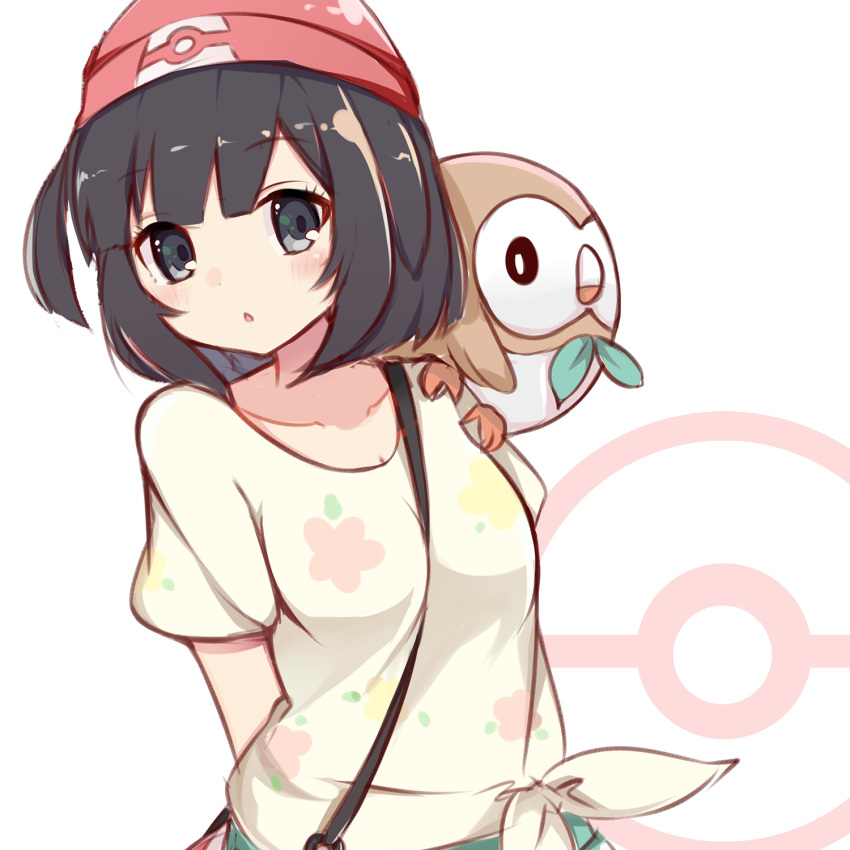 1girl :o arms_behind_back bangs beanie bird black_hair blue_eyes blunt_bangs blush collarbone creature creature_on_shoulder eyebrows eyebrows_visible_through_hair female_protagonist_(pokemon_sm) floating_hair hat highres koga_rejini looking_at_viewer owl parted_lips pokemon pokemon_(creature) pokemon_(game) pokemon_sm red_hat rowlet shirt short_hair short_sleeves solo strap_cleavage tied_shirt upper_body yellow_shirt
