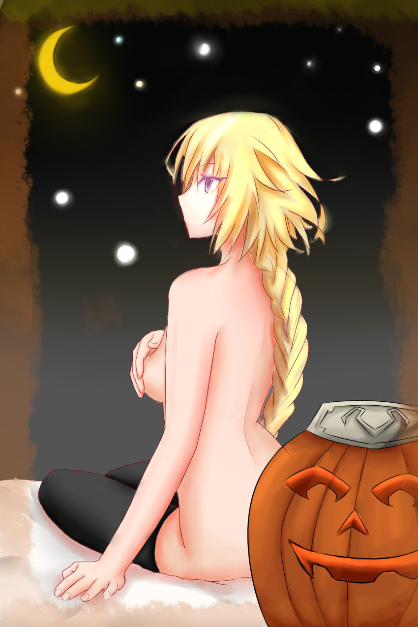 1girl absurdres arm_support black_legwear blonde_hair braid breasts covering covering_breasts crescent_moon fate/apocrypha fate_(series) highres jack-o'-lantern long_hair moon ruler_(fate/apocrypha) single_braid solo star_(sky) thigh-highs yin_man_tong_xing