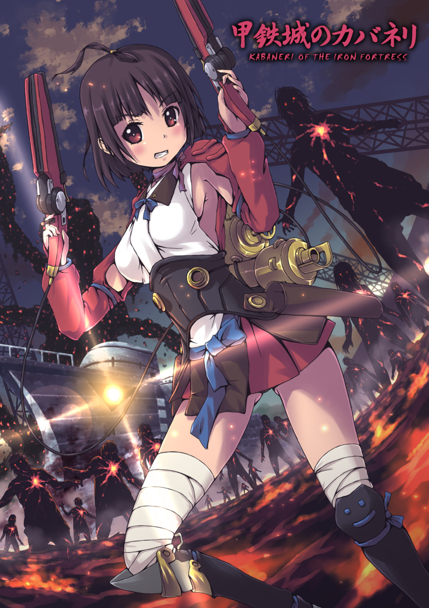 1girl aki_(akisora_hiyori) ass_visible_through_thighs bandaged_leg bandages black_hair blush boots bow breasts brown_eyes cable choker clenched_teeth clouds commentary_request copyright_name corset eyebrows eyebrows_visible_through_hair glowing glowing_eyes highres holding holding_weapon knee_boots koutetsujou_no_kabaneri light_rays long_sleeves looking_at_viewer monster mumei_(kabaneri) no_bra open_mouth ribbon ribbon_choker searchlight short_hair sideboob sky standing teeth topknot weapon zombie