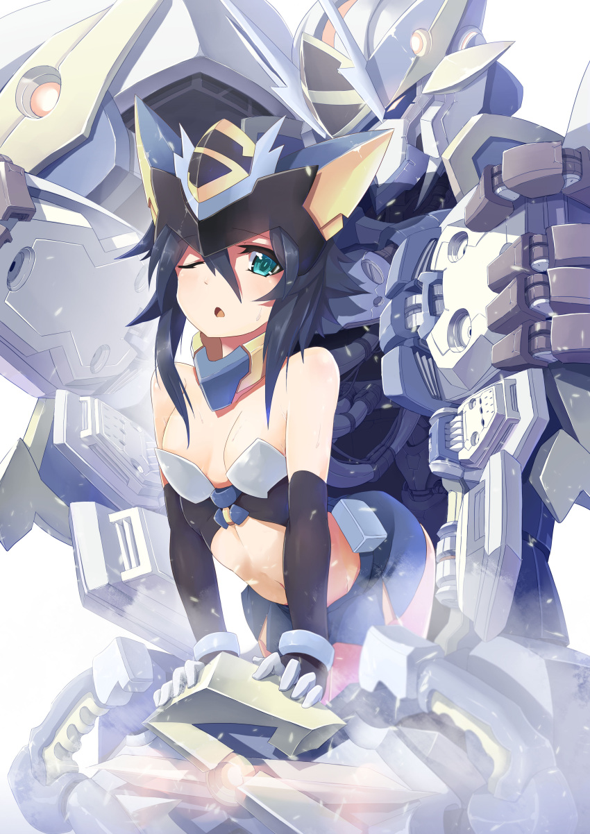 1girl absurdres arm_support bare_shoulders bent_over black_hair blue_eyes cable collarbone detached_collar elbow_gloves eyebrows eyebrows_visible_through_hair gloves headgear helmet highres jie_laite leaning_forward looking_at_viewer making_of mecha navel one_eye_closed open_mouth original short_hair skirt small_breasts solo steam sweat