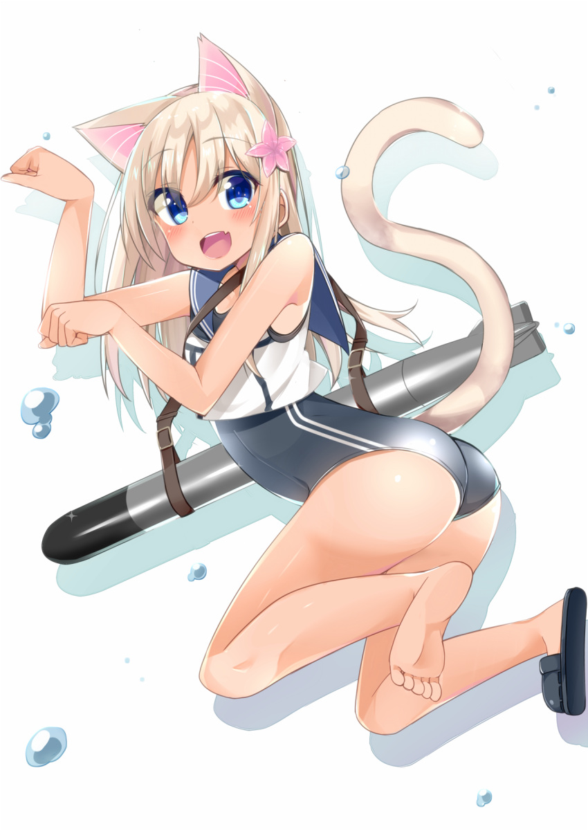 1girl animal_ears ass blonde_hair blue_eyes cacao_(cacao0809) cat_ears cat_tail crop_top fang flower hair_flower hair_ornament highres kantai_collection one-piece_tan paw_pose ro-500_(kantai_collection) school_swimsuit swimsuit swimsuit_under_clothes tail tan tanline torpedo