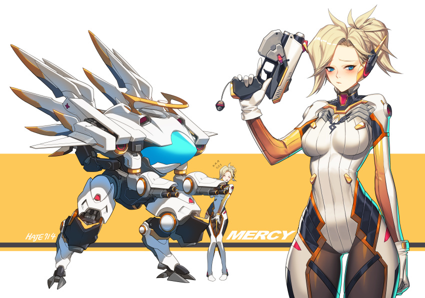 1girl ^_^ absurdres arm_at_side artist_name bangs blonde_hair blue_eyes blush bodysuit breasts character_name closed_eyes closed_mouth d.va_(overwatch) d.va_(overwatch)_(cosplay) flying_sweatdrops gloves gun haje high_ponytail highres holding holding_gun holding_weapon index_finger_raised knees_together_feet_apart large_breasts long_hair long_sleeves looking_at_viewer mercy_(overwatch) multiple_views no_wings overwatch ponytail pout projected_inset robot standing swept_bangs trigger_discipline weapon white_gloves