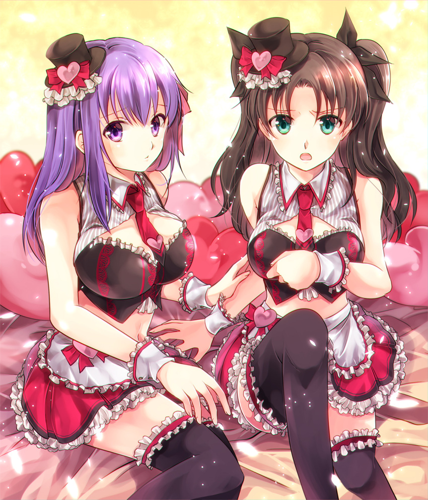 2girls :o alternate_costume apron bangs black_hair black_legwear black_ribbon blue_eyes blurry bow breasts closed_mouth crop_top depth_of_field eyebrows eyebrows_visible_through_hair fate/grand_order fate_(series) frilled_apron frilled_skirt frills furrowed_eyebrows garters glowing hair_ribbon hat hat_bow heart highres iroha_(shiki) lace large_breasts light_particles long_hair looking_at_viewer matching_outfit matou_sakura midriff mini_hat mini_top_hat miniskirt multiple_girls navel necktie on_bed petals pout purple_hair red_bow red_necktie red_skirt ribbon short_necktie sitting skirt sleeveless stomach striped thigh-highs toosaka_rin top_hat two_side_up vertical_stripes violet_eyes waist_apron wrist_cuffs yellow_background