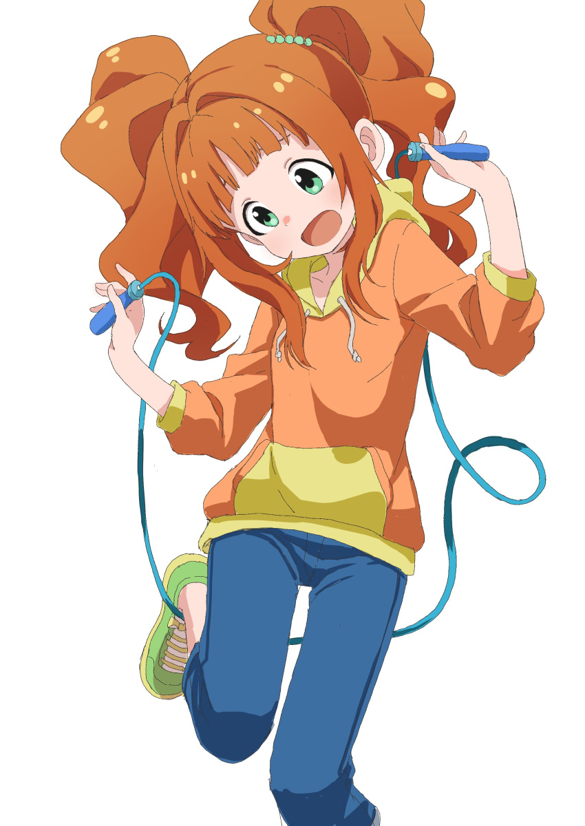 1girl absurdres commentary green_eyes highres hood hoodie idolmaster jump_rope shoes sneakers takatsuki_yayoi twintails white_background yamamoto_souichirou