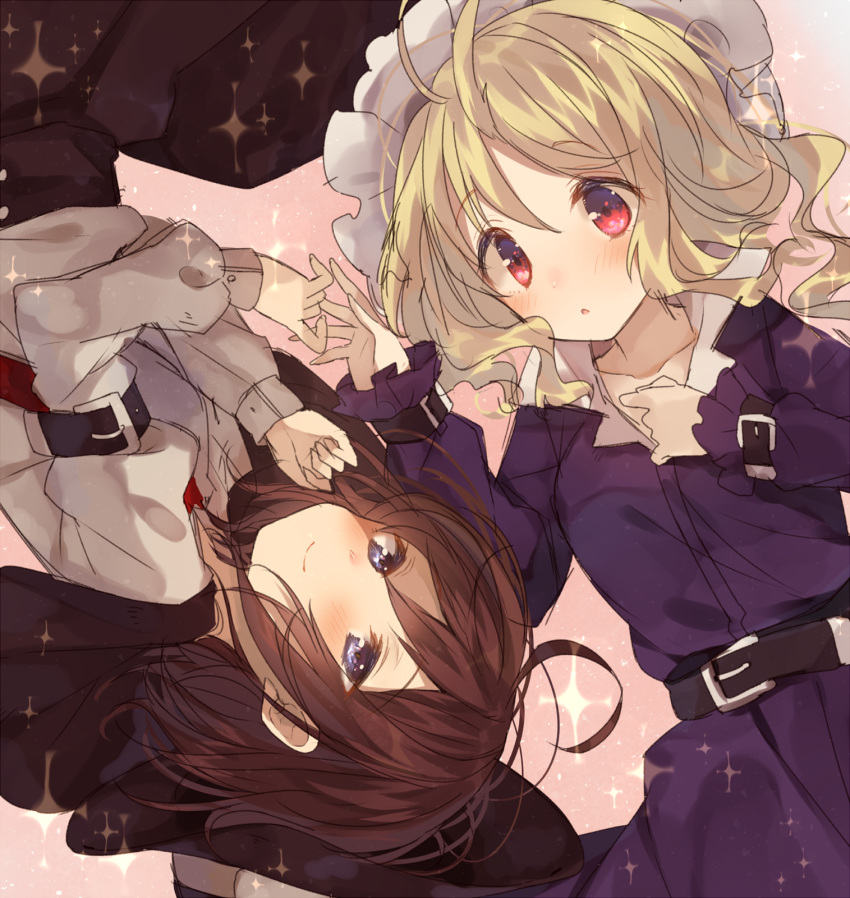 2girls ahoge belt blonde_hair blush brown_hair dress dutch_angle hat hat_removed headwear_removed highres long_sleeves looking_at_another maribel_hearn mob_cap multiple_girls open_mouth pink_background puffy_sleeves purple_dress red_eyes shirt short_hair skirt smile sparkle touhou upside-down usamata usami_renko violet_eyes