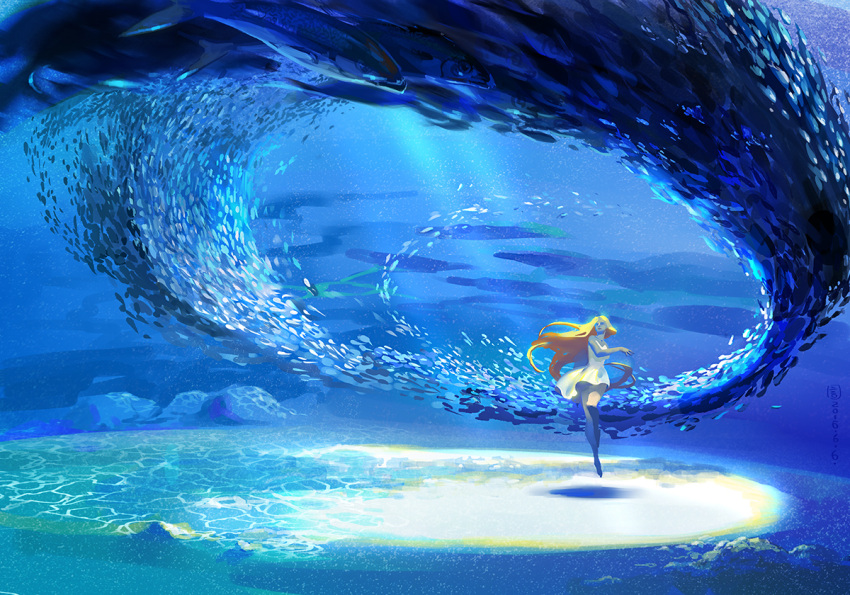 1girl animal bare_arms bare_legs barefoot blonde_hair blue_skin caustics commentary_request dress fish floating_hair light_rays long_hair mugon ocean original outstretched_arm rock sand sardine scenery shadow sleeveless sleeveless_dress solo sundress underwater very_long_hair white_dress