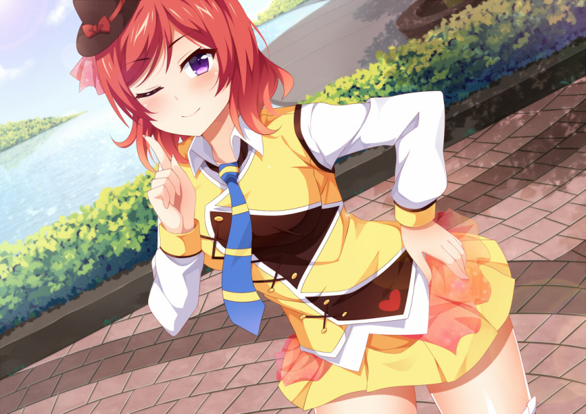 1girl clouds cowboy_shot eyebrows eyebrows_visible_through_hair hands hat leaning_forward looking_at_viewer love_live!_school_idol_project mmrailgun necktie nishikino_maki one_eye_closed orange_hair pleated_skirt purple_hair shadow short_hair skirt sky smile solo water