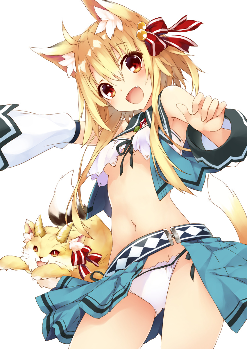 1girl :d age_of_ishtaria animal_ear_fluff animal_ears bangs bare_shoulders black_ribbon blonde_hair blue_skirt bow breasts cat_ears cat_girl cat_tail commentary_request creature crop_top crop_top_overhang detached_sleeves eyebrows_visible_through_hair fang groin guna_(age_of_ishtaria) hair_between_eyes hair_bow highres long_hair long_sleeves navel open_mouth panties red_bow red_eyes ribbon saeki_touma side-tie_panties skirt small_breasts smile solo striped striped_bow tail underwear very_long_hair white_panties white_sleeves