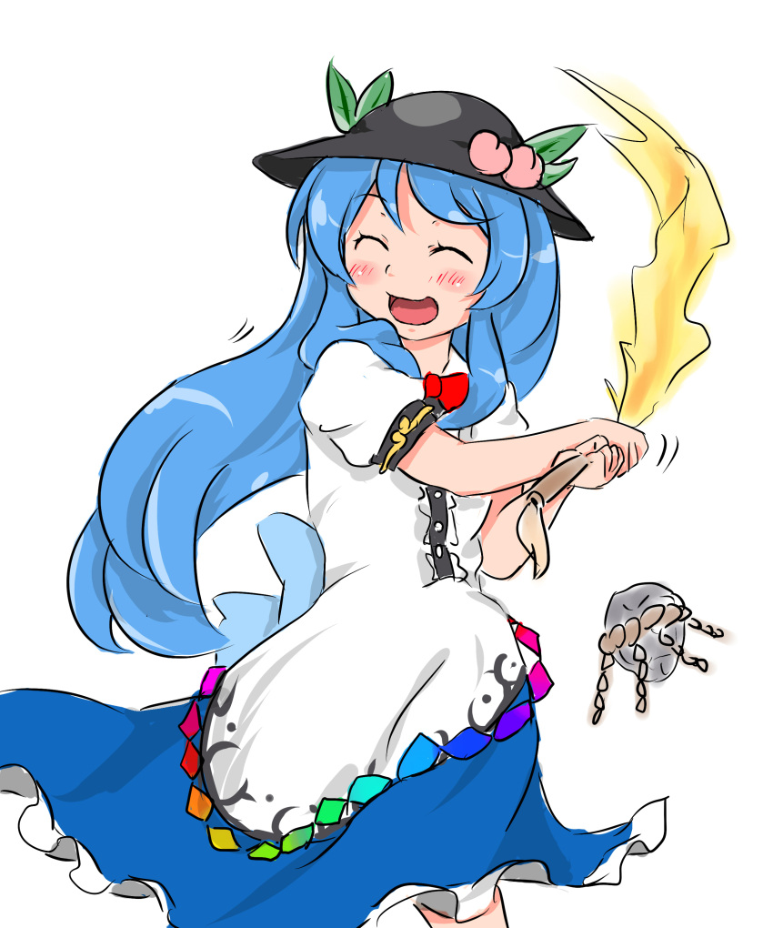 1girl :d ^_^ absurdres baker_at_bat blue_hair blush bow bowtie closed_eyes dress food food_on_head fruit fruit_on_head happy hat highres hinanawi_tenshi keystone king_(ougon_kingyo-bachi) layered_dress long_hair new_horizon object_on_head open_mouth parody peach playing sketch smile solo sword_of_hisou touhou very_long_hair