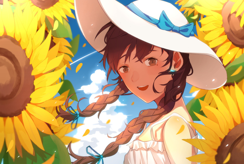 1girl blue_sky bow braid brown_eyes brown_hair clouds dress earrings flower hat hat_bow jewelry konomi_(kumagai20) looking_at_viewer open_mouth original outdoors sky solo summer sun_hat sunflower white_dress white_hat