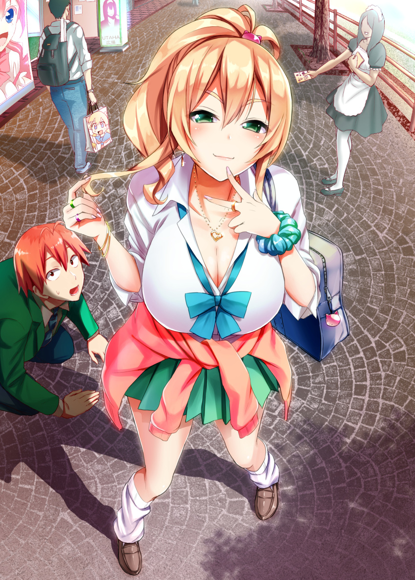 1boy 1girl absurdres ahoge apron bag blonde_hair bow bowtie bracelet breasts cleavage clothes_around_waist collarbone dogeza earrings female green_eyes hair_twirling hajimete_no_gal hashiba_junichi heart heart_necklace high_ponytail highres jewelry kogal large_breasts lipgloss loafers long_hair looking_at_viewer looking_up loose_socks maid maid_apron maid_headdress male nail_polish necktie official_art orange_hair red_eyes ring school_uniform scrunchie sett shoes shopping_bag socks sweater_around_waist uenotei wrist_scrunchie yame_yukana