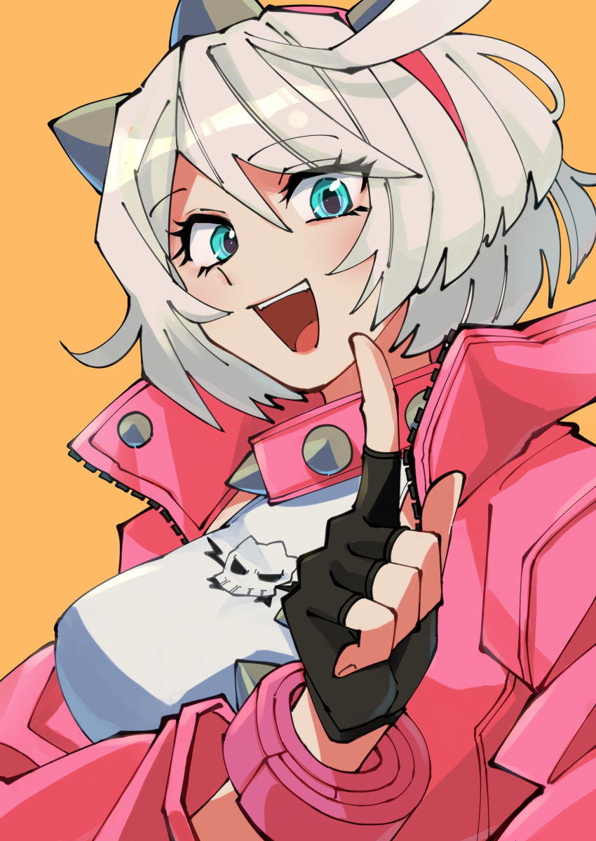 1girl ahoge aqua_eyes black_gloves bracelet breasts collar elphelt_valentine gloves guilty_gear guilty_gear_strive hairband highres huge_ahoge jacket jewelry large_breasts open_mouth orange_background oushiza_towel pink_jacket short_hair skull_print smile spiked_bracelet spiked_collar spiked_hairband spikes white_hair