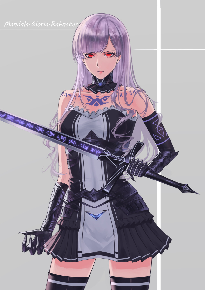 1girl bangs black_gloves black_legwear blunt_bangs detached_collar dress elbow_gloves gauntlets gloves highres holding holding_sword holding_weapon long_hair looking_at_viewer original purple_hair red-d red_eyes runes sleeveless sleeveless_dress solo sword tattoo thigh-highs weapon