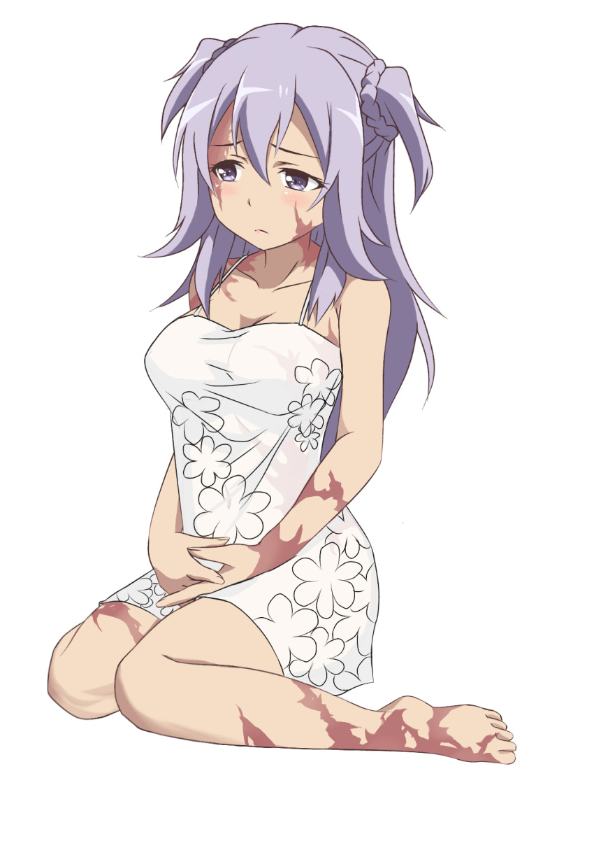 1girl artist_request bare_shoulders barefoot braid breasts burn_scar collarbone dorei_to_no_seikatsu_~teaching_feeling~ dress floral_print frown gakusen_toshi_asterisk highres large_breasts long_hair looking_away navel purple_hair scar see-through simple_background sitting solo sundress sylvie_(dorei_to_no_seikatsu) sylvie_(dorei_to_no_seikatsu)_(cosplay) toudou_kirin violet_eyes wariza white_background white_dress