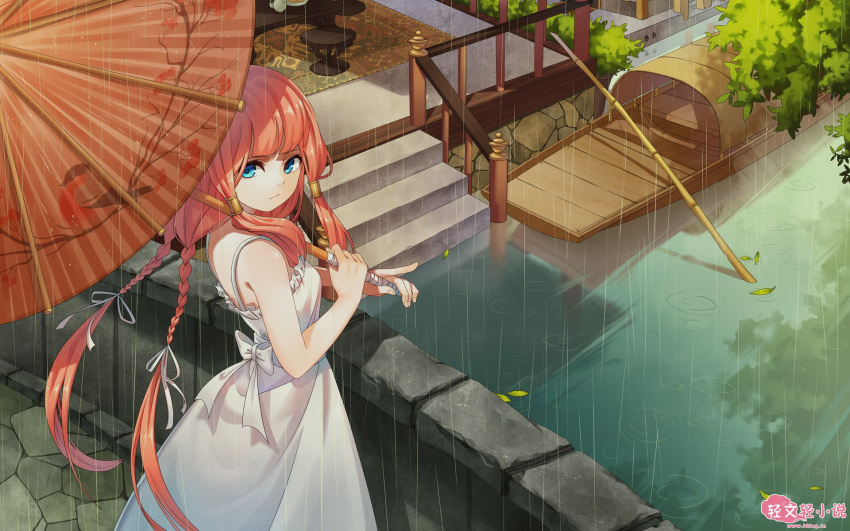 1girl bangs blue_eyes blunt_bangs boat bow braid bridge dress frills from_above frown hair_ribbon hair_tubes highres holding holding_umbrella leaf long_hair looking_at_viewer looking_back looking_to_the_side oriental_umbrella original outdoors pavement pink_hair pout railing rain reflection retaining_wall ribbon ripples river rug rukousou_no_hana shade sleeveless sleeveless_dress solo stairs standing stool sundress table tree twin_braids twintails umbrella wallpaper water watercraft watermark web_address white_bow white_dress white_ribbon