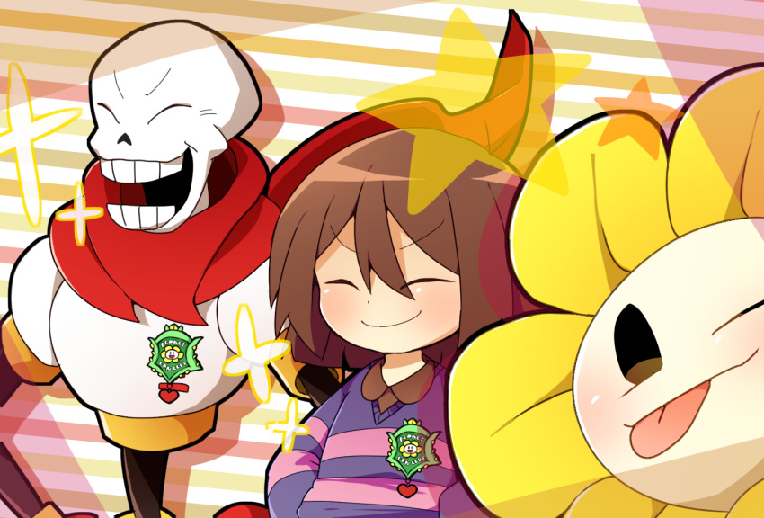 androgynous badge brown_hair closed_eyes flower flowey_(undertale) frisk_(undertale) hair_between_eyes hand_on_hip heart medal papyrus_(undertale) purple_sweater red_scarf scarf skeleton smile sparkle star striped striped_background striped_sweater sweater tongue tongue_out undertale wate2 yellow_flower