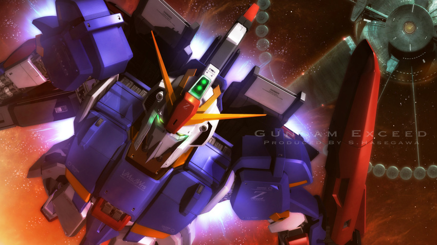 artist_name gundam highres mecha no_humans s.hasegawa shield space space_colony zeta_gundam zeta_gundam_(mobile_suit)