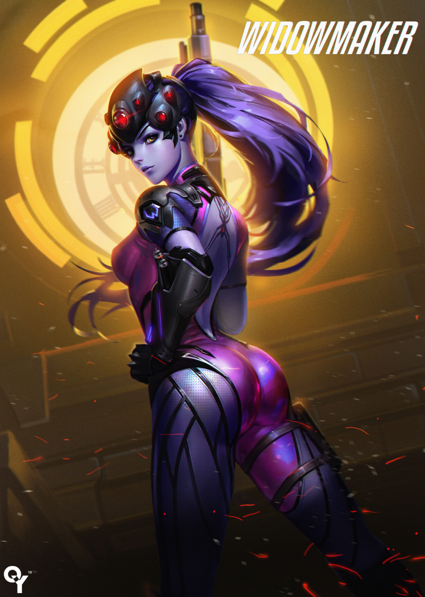 1girl ass back black_gloves blurry bodysuit breasts character_name cowboy_shot depth_of_field floating_hair from_behind gloves glowing gun hand_on_hip head_mounted_display highres holster lens_flare liangxing lips long_hair looking_at_viewer looking_back overwatch parted_lips ponytail purple_hair purple_lips purple_skin rifle signature sniper_rifle solo thigh_holster thigh_strap visor weapon widowmaker_(overwatch) yellow_background yellow_eyes