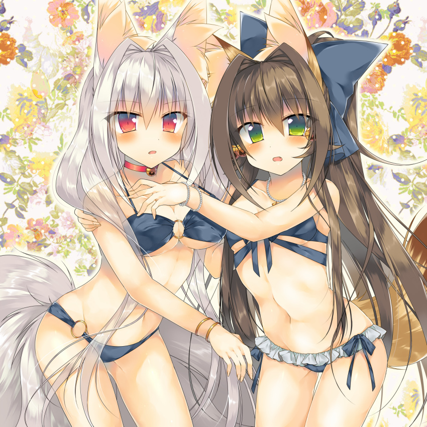 animal_ears bangs bead_bracelet bead_necklace bell bell_choker bell_earrings bikini bikini_skirt blue_bikini blue_bow blush bow bracelet breasts brown_hair choker cleavage collarbone cowboy_shot earrings eyebrows eyebrows_visible_through_hair fang fingernails floral_background fox_ears fox_tail frills front-tie_bikini front-tie_top green_eyes grey_hair hair_between_eyes hair_bow hair_intakes half_updo halterneck hand_on_another's_shoulder highres jewelry jingle_bell large_breasts legs_apart long_hair looking_at_viewer navel o-ring_bikini o-ring_bottom o-ring_top original outstretched_arms red_eyes saichuu side-tie_bikini silver_hair standing stomach surprised swimsuit tail thigh_gap transparent under_boob very_long_hair