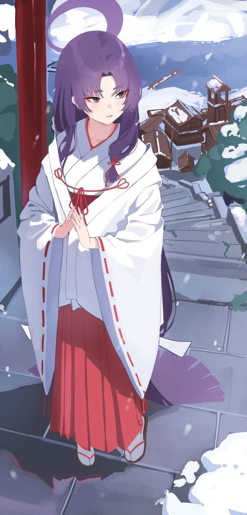 1girl absurdres blue_archive closed_mouth day eyeliner full_body gubbi_on hakama halo highres japanese_clothes long_hair long_sleeves makeup miko outdoors purple_hair purple_halo red_eyeliner red_hakama ribbon-trimmed_sleeves ribbon_trim snow socks solo stairs tabi violet_eyes white_socks wide_sleeves yukari_(blue_archive)