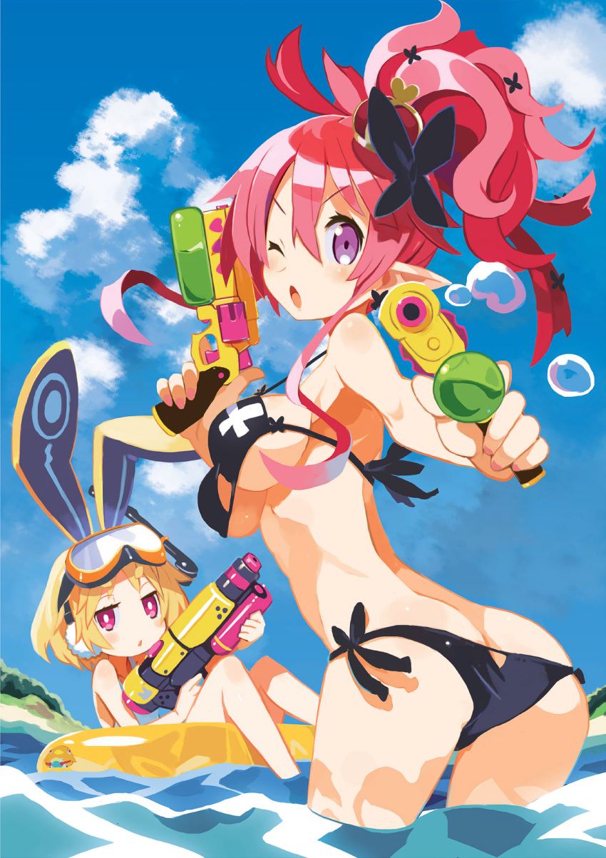 2girls ;o animal_ears arched_back ass bikini black_bikini blonde_hair blue_sky breasts butt_crack butterfly_hair_ornament crown disgaea dual_wielding earmuffs earrings from_behind goggles goggles_on_head hair_between_eyes hair_ornament harada_takehito highres innertube jewelry jitome leaning_forward looking_back makai_senki_disgaea_5 mini_crown multiple_girls nail_polish one-piece_swimsuit one_eye_closed outdoors partially_submerged pink_eyes pink_hair pink_nails pointy_ears rabbit_ears scan seraphina_(disgaea) short_hair side-tie_bikini sideboob sidelocks sky snorkel soaking_feet strap_gap string_bikini swimsuit under_boob usalia_(disgaea) violet_eyes wading water_gun white_swimsuit