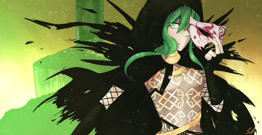 1girl akutoku_no_judgement_(vocaloid) bridal_gauntlets chaban_capriccio_(vocaloid) cloak domino_mask frown green_eyes green_hair gumi highres jewelry mask net sidelocks uglytree vocaloid