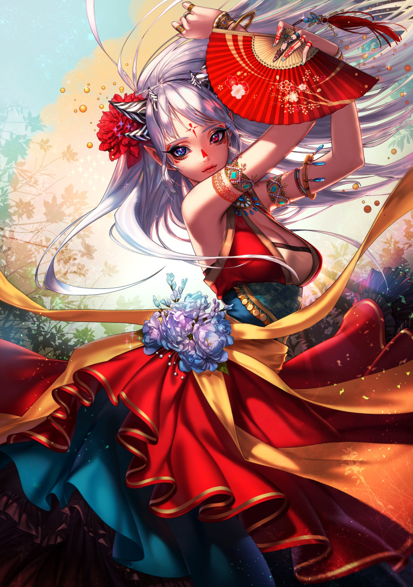 1girl absurdres artist_request bangs bracelet breasts butterfly cleavage dress facepaint fan flower flower_request gold hair_flower hair_ornament heterochromia highres jewelry large_breasts lips long_hair nose pointy_ears red_flower sash silver_hair solo sparkle tattoo
