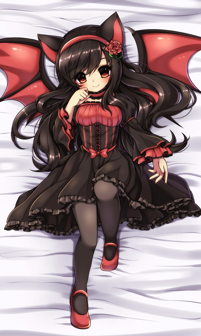 1girl absurdres animal_ears arm_at_side bat_wings bed_sheet black_dress black_legwear blush bow cat_ears choker closed_mouth dakimakura dress fang fang_out flower frilled_dress frilled_sleeves frills from_above gothic_lolita hair_flower hair_ornament hairband hand_up head_tilt highres knee_up layered_sleeves lolita_fashion long_sleeves looking_at_viewer looking_up mary_janes midna01 original red_bow red_eyes red_rose red_shoes rose shoes smile solo tareme tooth underbust wide_sleeves wings