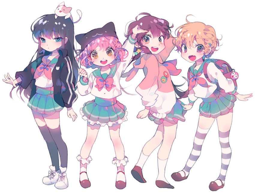 4girls animal animal_on_head aqua_eyes aqua_skirt arm_at_side arm_up backpack badge bag bag_charm bangs black_hair black_hat black_shoes blonde_hair blue_eyes blush bow button_badge cardigan cat cat_on_head clenched_hand closed_mouth cross-laced_footwear earrings ebisuzawa_kurumi eyebrows eyebrows_visible_through_hair frilled_skirt frills gakkou_gurashi! hair_between_eyes hair_ornament hairclip hat heart heart_earrings inhye jacket jewelry jitome kneehighs long_hair long_sleeves looking_at_viewer mary_janes mickey_mouse_ears miniskirt multiple_girls naoki_miki neckerchief open_clothes open_jacket open_mouth orange_eyes outstretched_arm pillow_hat pink_bow pink_hair pleated_skirt purple_hair randoseru school_uniform serafuku shade shoes short_hair simple_background skirt smile socks star star_earrings striped striped_legwear takeya_yuki thigh-highs track_jacket twintails very_long_hair violet_eyes wakasa_yuuri white_background white_blouse white_shoes x_hair_ornament