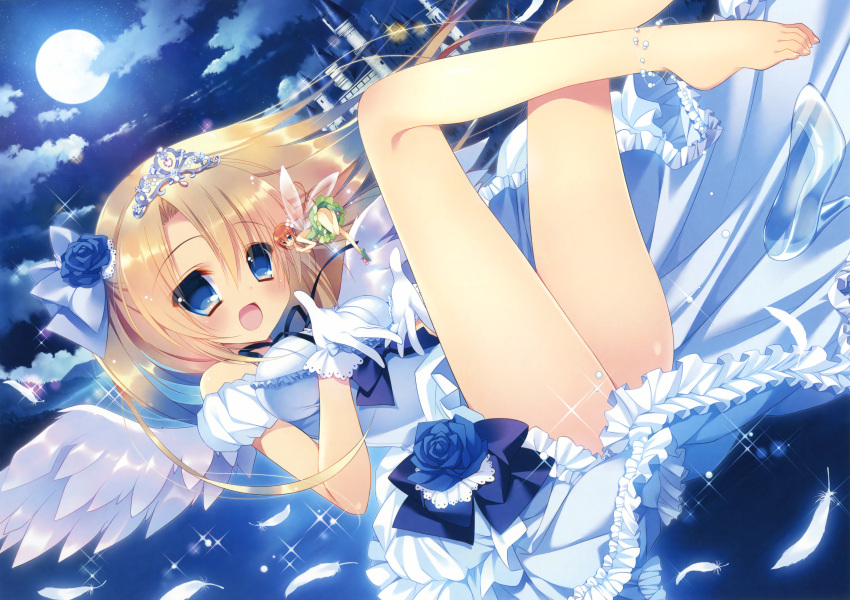 2girls :d absurdres anklet barefoot blonde_hair blue_dress blue_eyes blue_rose blush breasts brown_hair castle clouds detached_sleeves dress dutch_angle fairy feathers flower full_moon gloves green_dress green_shoes hair_flower hair_ornament high_heels highres jewelry long_hair moon multiple_girls nanaka_mai night open_mouth original outdoors rose scan shoes shoes_removed side_ponytail smile sparkle tiara transparent_wings very_long_hair white_gloves white_wings wings