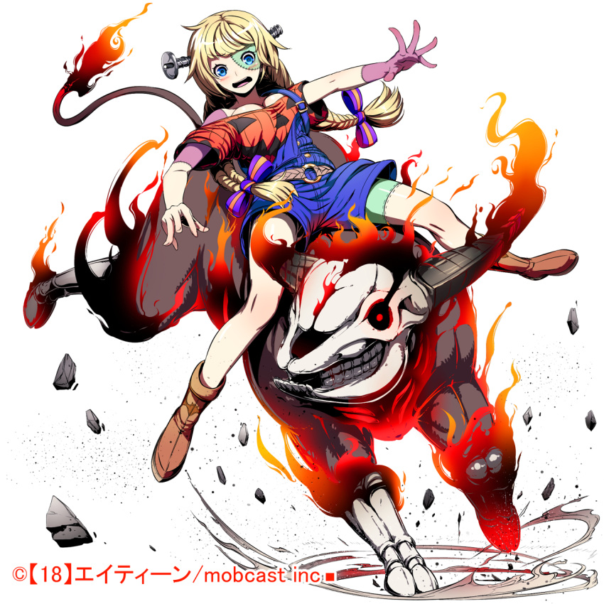 1girl belt blonde_hair blue_eyes boots braid brown_boots bull fire highres kimi_to_tsunagaru_puzzle kyousin long_hair looking_at_viewer monster official_art open_mouth original outstretched_arms overalls pebble red_eyes riding screw stitches watermark