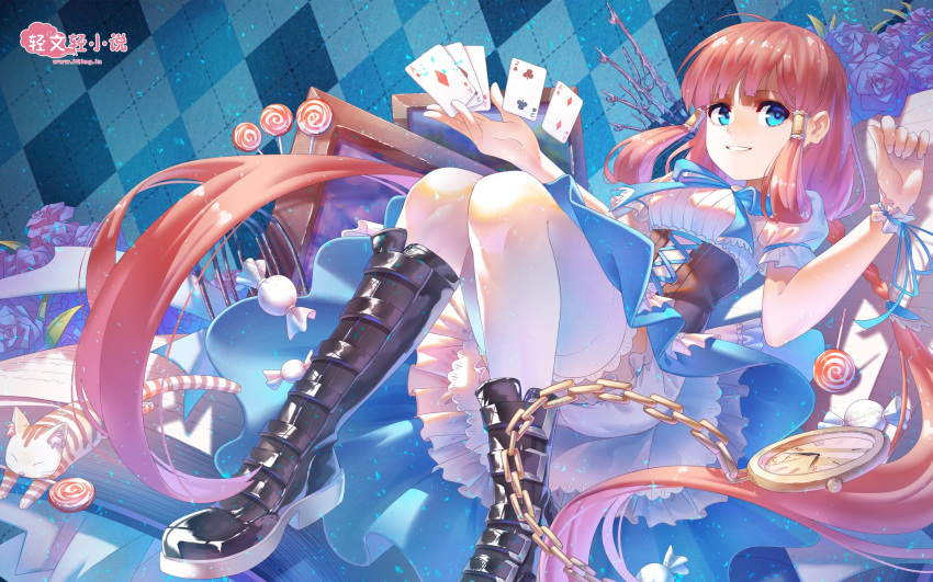 1girl :d animal argyle argyle_background bangs black_boots bloomers blue_background blue_dress blue_eyes blue_fire blue_ribbon blue_rose blunt_bangs book boots braid breasts cage candy card cat chain clubs corset cross-laced_clothes diamond_(shape) dress fire floating floating_card flower frame hair_tubes heart highres knee_boots knees lace lace-trimmed_thighhighs light_particles lollipop long_hair mouth_hold open_book open_mouth original oversized_object palms pink_hair playing_card pocket_watch puffy_short_sleeves puffy_sleeves ribbon roman_numerals rose rukousou_no_hana shadow short_dress short_sleeves smile solo spade swirl_lollipop thigh-highs twin_braids twintails underwear upskirt very_long_hair wallpaper watch watermark web_address white_legwear wrist_cuffs