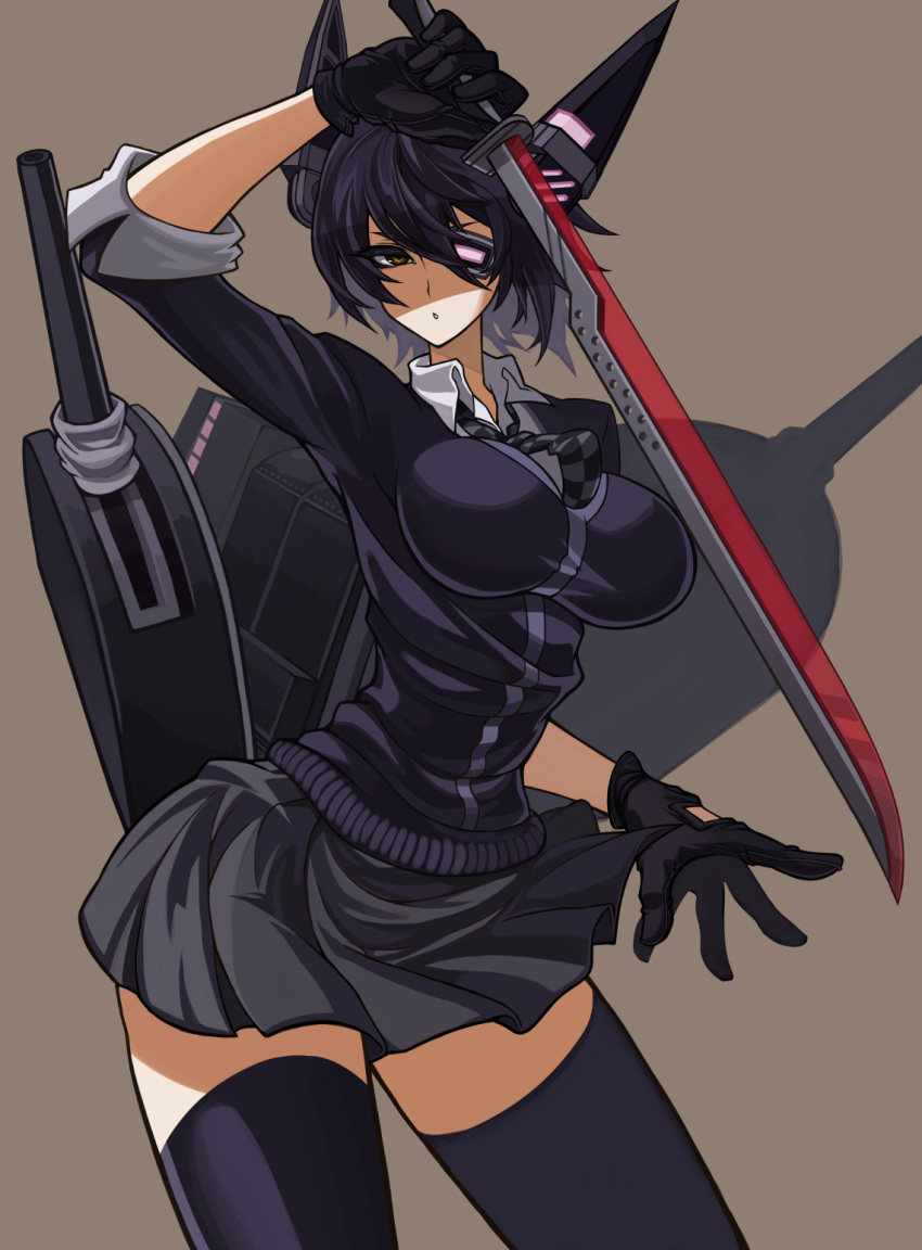 1girl beige_background breasts checkered checkered_necktie eyepatch gloves headgear highres holding holding_weapon kantai_collection large_breasts mecha_musume necktie pokiiru purple_hair school_uniform short_hair short_sleeves simple_background solo standing sword tenryuu_(kantai_collection) thigh-highs weapon yellow_eyes