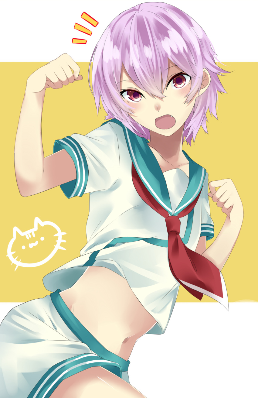 1girl fang hair_between_eyes hands_up highres kantai_collection looking_at_viewer midriff navel neckerchief onineko-chan open_mouth paw_pose purple_hair red_eyes school_uniform serafuku short_hair short_sleeves shorts simple_background tama_(kantai_collection)