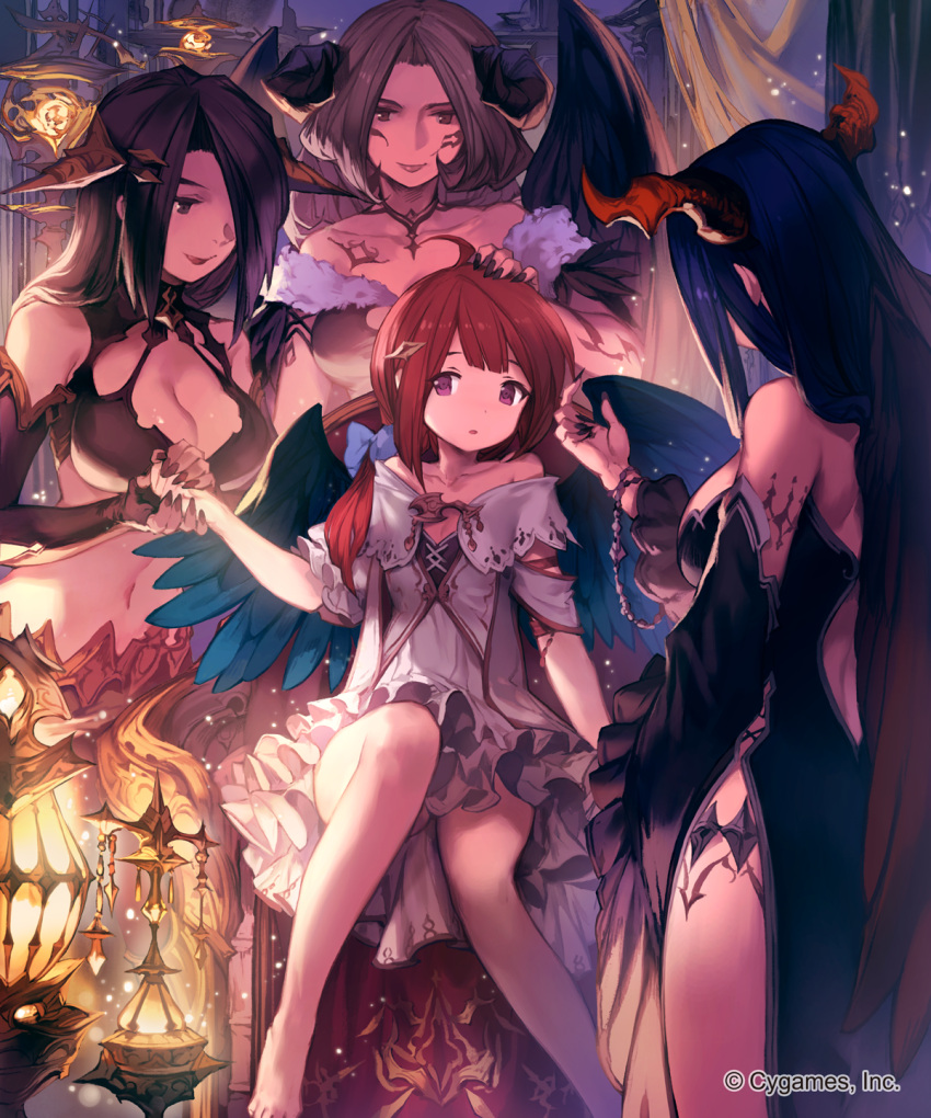 4girls ahoge angel_wings bare_shoulders black_eyes black_nails blue_hair blue_ribbon blue_wings breasts character_request cleavage collarbone demon_girl demon_horns detached_sleeves dress feathers fingernails hair_ornament hair_ribbon halter_top halterneck hand_on_another's_head highres holding_hands horns jewelry knees_together_feet_apart large_breasts lee_hyeseung midriff multiple_girls nail_polish navel necklace official_art panties pantyshot pantyshot_(sitting) redhead ribbon shingeki_no_bahamut silver_hair sitting smile tress_ribbon underwear violet_eyes watermark wings