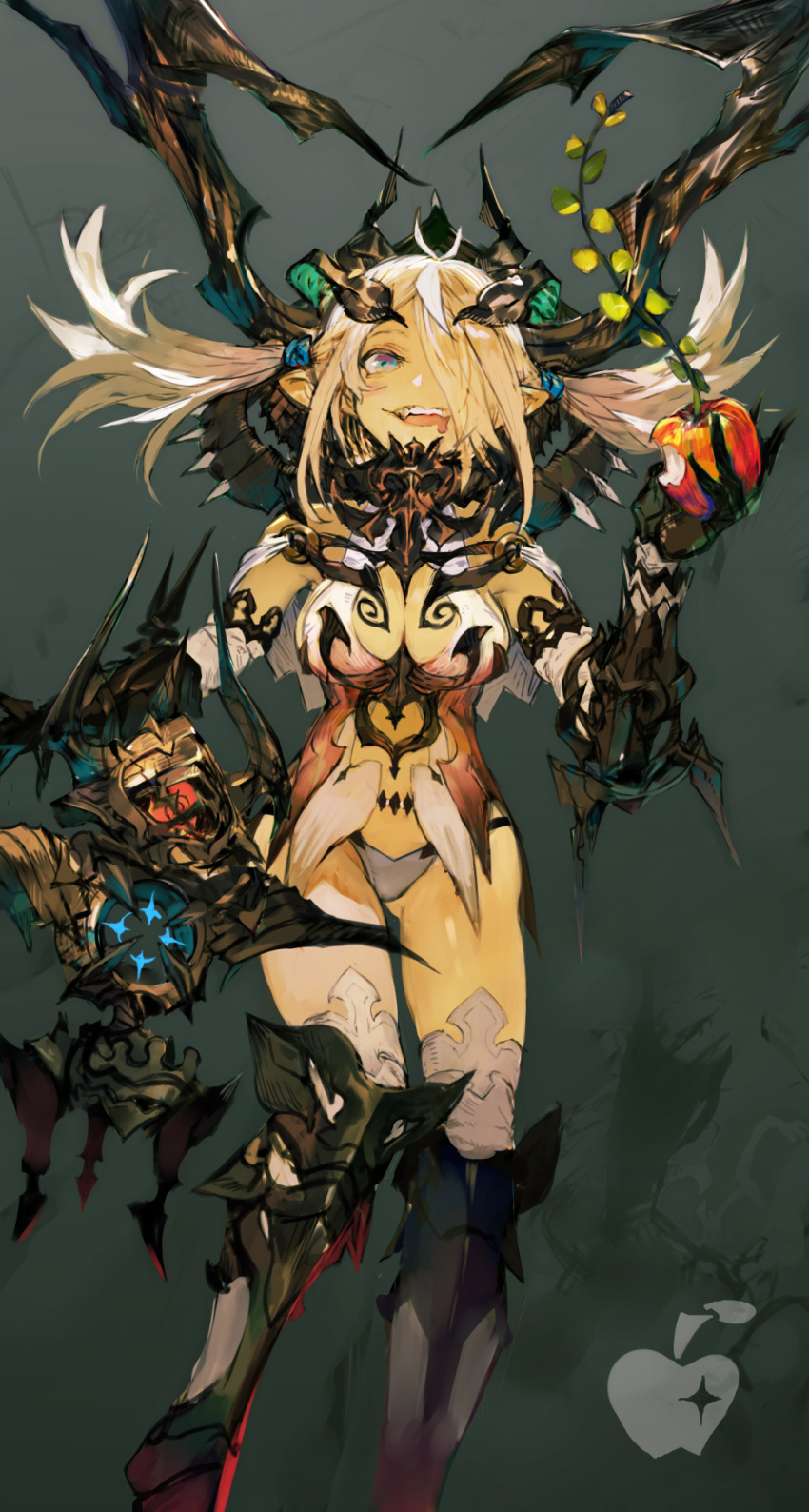 1girl apple armor armored_boots bare_shoulders blue_eyes boots breasts cleavage demon_wings food fruit gauntlets hair_over_one_eye highres long_hair looking_at_viewer open_mouth original panties pointy_ears sidelocks simple_background solo teeth toridamono twintails underwear white_hair white_panties wings