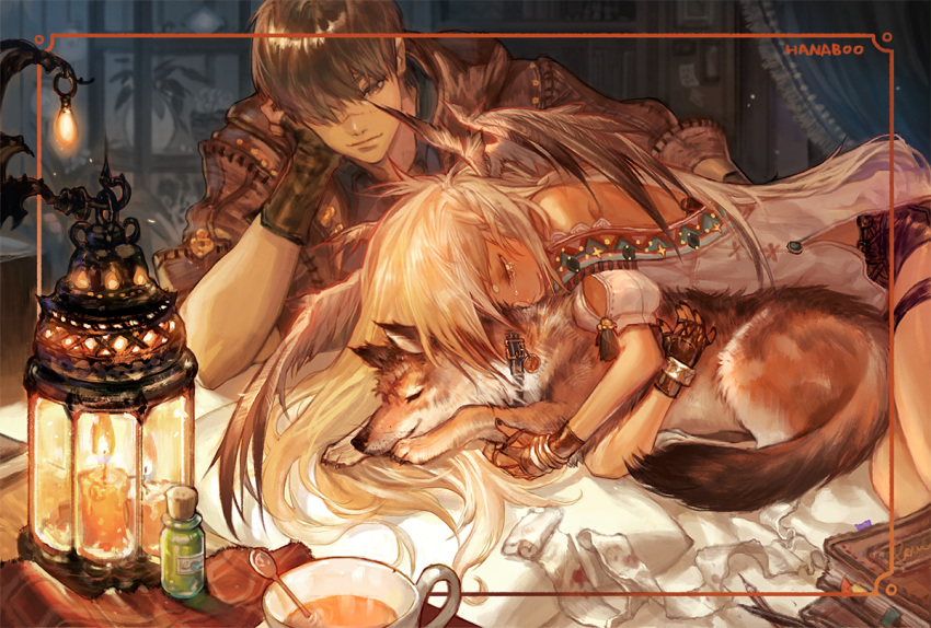 1boy 1girl animal artist_name black_hair book bottle bowl bracelet candle closed_eyes dog fire food hanaboo hug jewelry lamp lips long_hair mouth nose on_bed short_hair spoon text white_hair wings