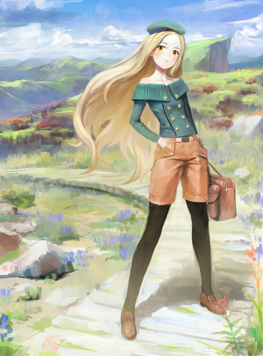 1girl bag bare_shoulders beret black_legwear blonde_hair blue_sky blush cliff clouds collarbone full_body grass hand_in_pocket handbag hat highres holding loafers long_hair long_sleeves nababa original outdoors pantyhose path road scenery shoes shorts sky smile solo standing very_long_hair yellow_eyes