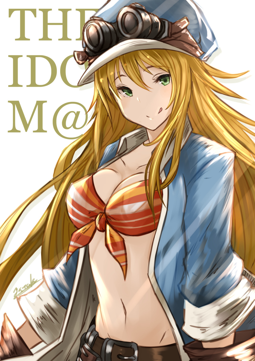 1girl :q absurdres arms_at_sides artist_name belt belt_buckle bikini blonde_hair blue_hat blue_jacket breasts brown_gloves buckle cleavage closed_mouth collarbone copyright_name cosplay gloves goggles goggles_on_head granblue_fantasy green_eyes hair_between_eyes hat head_tilt highres horizontal_stripes hoshii_miki idolmaster jacket large_breasts long_hair long_sleeves navel open_clothes open_jacket orange_bikini orange_bikini_top signature simple_background sleeves_folded_up solo stomach striped striped_bikini swimsuit tongue tongue_out upper_body very_long_hair white_background yatsuka_(846)