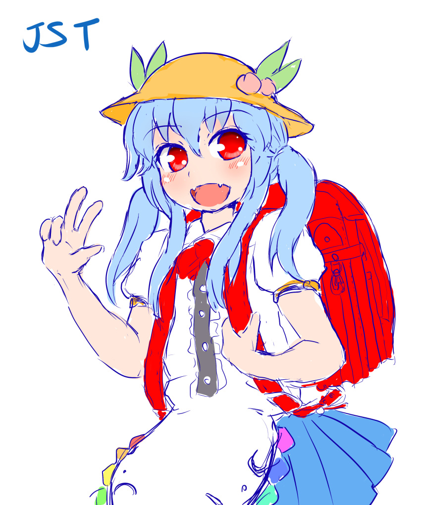 1girl :d absurdres backpack bag blue_hair blush dress fangs food food_on_head fruit fruit_on_head hat highres hinanawi_tenshi kindergarten_uniform king_(ougon_kingyo-bachi) leaf looking_at_viewer object_on_head open_mouth peach quad_tails red_eyes school_hat sketch smile solo touhou yellow_hat younger