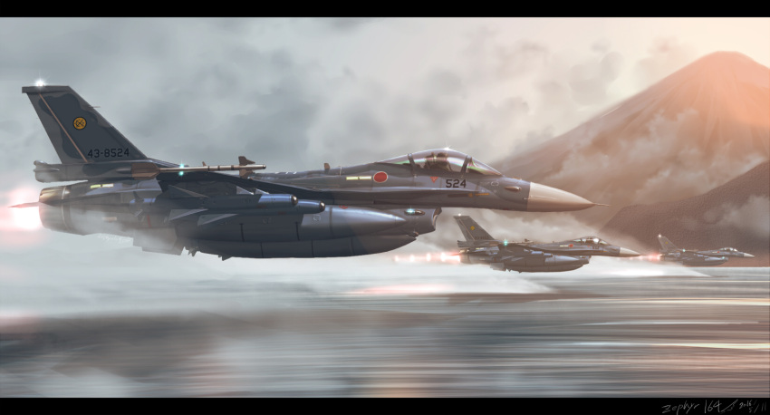 afterburner aircraft airplane artist_name dated f-2 fighter_jet flying highres japan_air_self-defense_force jet low-altitude_flight military military_vehicle missile mountain original pilot realistic signature sketch tagme vehicle water zephyr164