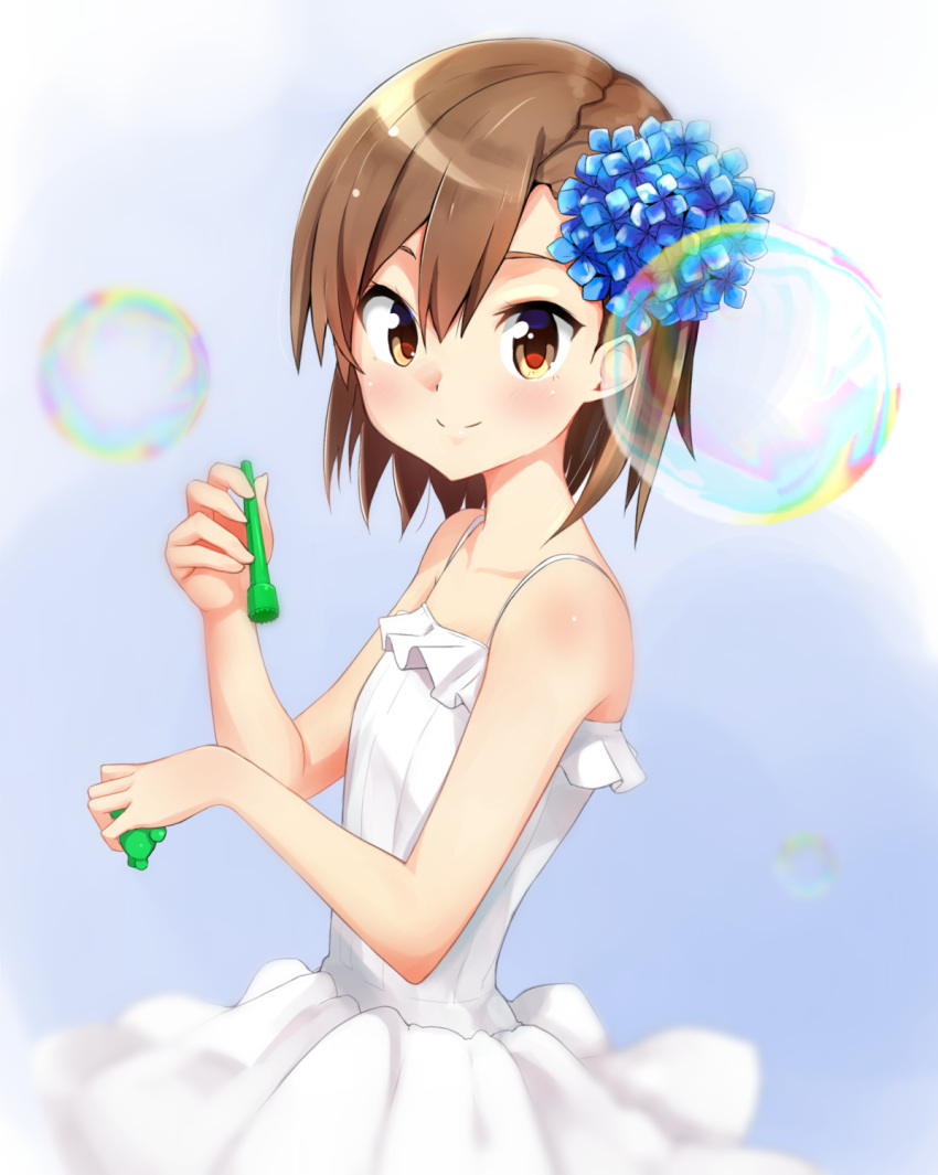 1girl blush brown_eyes brown_hair bubble bubble_blowing dress frilled_dress frills hair_ornament highres looking_at_viewer masamuuu misaka_mikoto simple_background solo to_aru_kagaku_no_railgun to_aru_majutsu_no_index white_background white_dress younger