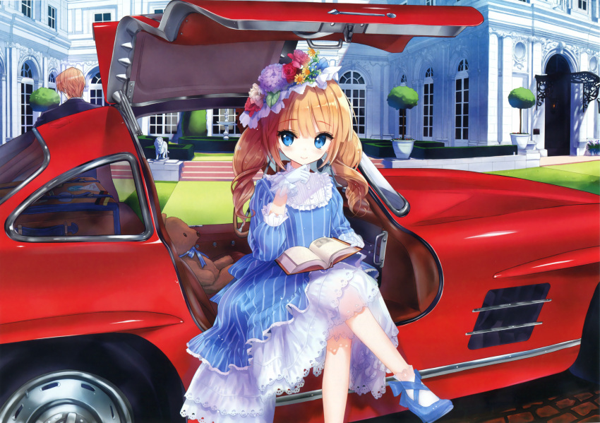 1boy 1girl absurdres blonde_hair blue_dress blue_eyes blue_shoes blush book brown_hair car closed_mouth crossed_legs dress flower fountain gloves grass ground_vehicle gullwing_doors hat hedge_(plant) highres hydrangea long_hair looking_at_viewer mansion motor_vehicle open_book original outdoors plant red_rose rose shoes sitting smile socks statue striped striped_dress stuffed_animal stuffed_toy suitcase teddy_bear tree tsukigami_runa twintails white_gloves white_legwear window