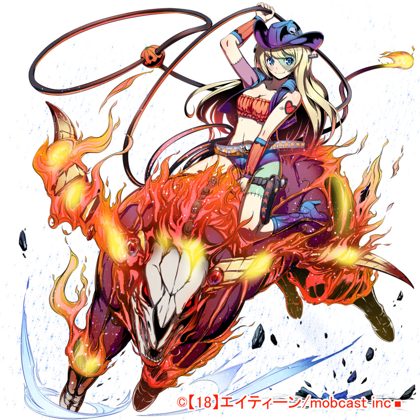 1girl arm_warmers belt blonde_hair blue_boots blue_eyes bolt boots bull fire hat highres holster kimi_to_tsunagaru_puzzle kyousin lasso long_hair looking_at_viewer midriff monster navel official_art original pebble pumpkin red_eyes riding smile stitches tattoo watermark